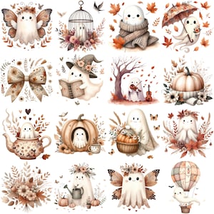 May include: A series of watercolour illustrations of friendly ghosts in autumnal scenes. Ghosts are shown with butterfly wings, reading, playing the violin, and inside pumpkins. The colour scheme uses warm browns, oranges, and cream.