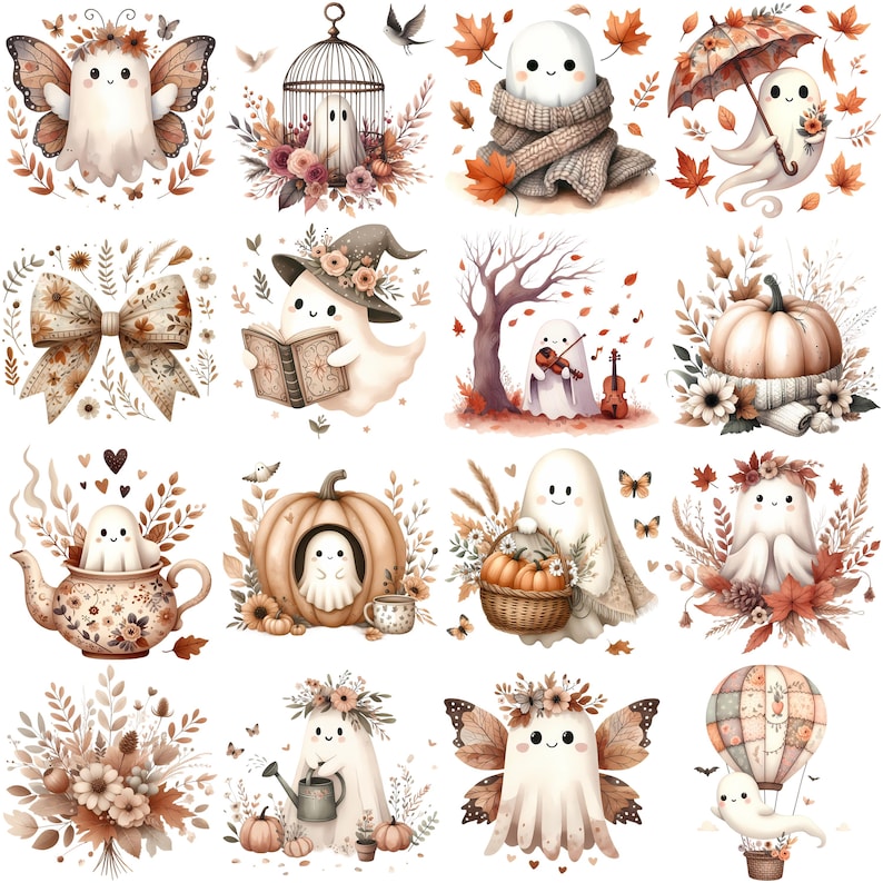 May include: A series of watercolour illustrations of friendly ghosts in autumnal scenes. Ghosts are shown with butterfly wings, reading, playing the violin, and inside pumpkins. The colour scheme uses warm browns, oranges, and cream.