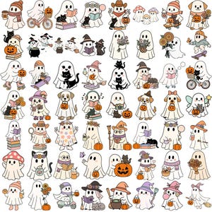 May include: A collection of whimsical ghost illustrations, each with unique accessories and activities. Ghosts are depicted with cats, pumpkins, books, hats, and other items. The color palette includes white, orange, black, and various pastel shades. The overall theme is Halloween and spooky season.