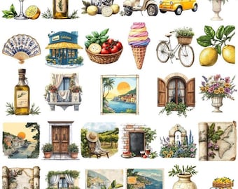 Paquete de imágenes prediseñadas de acuarela de verano italiano: limón, scooter, helado (descarga digital)