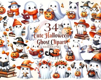 Pacote de clipart de fantasmas de Halloween | Fantasma fofo PNG | Halloween de abóbora e café PNG | Download digital de clipart fofo de outono