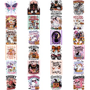 May include: A collection of twenty rectangular graphic designs featuring Halloween and seasonal themes. The illustrations include ghosts, skeletons, black cats, pumpkins, and bats, accompanied by various phrases like Spooky Season, Mentally I'm Here, and Summerween, rendered in vibrant colors.