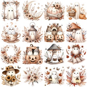 May include: A set of watercolour illustrations of friendly ghosts in autumnal scenes. The images include ghosts with pumpkins, flowers, and in teacups, all in a warm, neutral colour palette, ideal for autumn or Halloween.