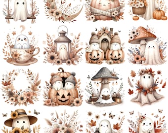 Boho Ghost Clipart Bundle: Watercolor Witch Hat, Pumpkins (Digital Download