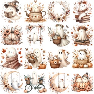 May include: A set of watercolour illustrations of friendly ghosts in autumnal scenes. The ghosts are shown with pumpkins, flowers, books, and other fall-themed items. The colour scheme includes soft browns, oranges, and creams.
