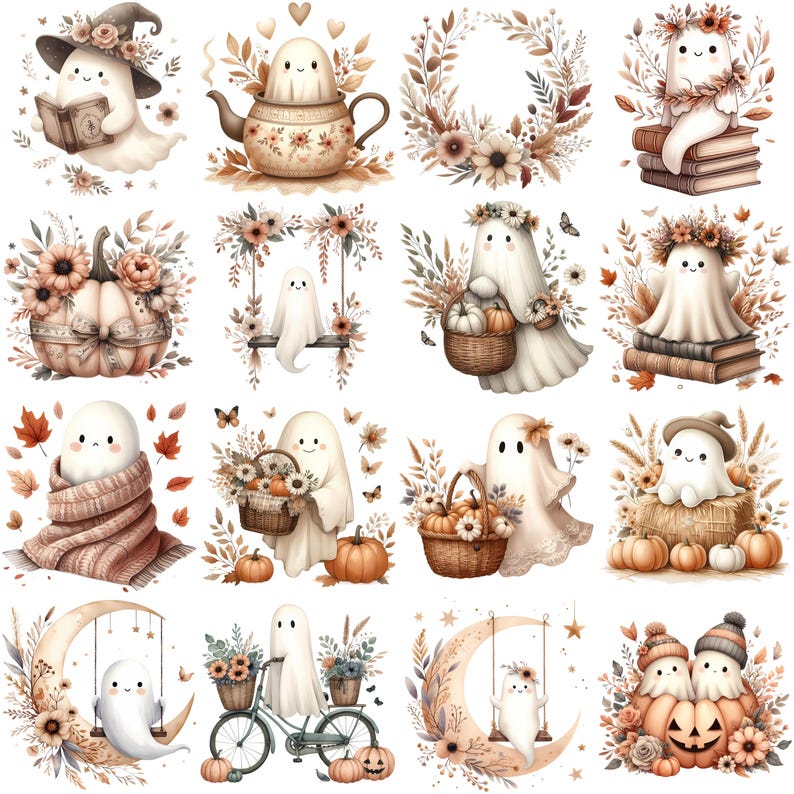 May include: A set of watercolour illustrations of friendly ghosts in autumnal scenes. The ghosts are shown with pumpkins, flowers, books, and other fall-themed items. The colour scheme includes soft browns, oranges, and creams.
