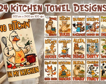 Pacote de Pano de Cozinha com Sublimação de Animais | Regras Engraçadas da Cozinha PNG | Designs Fofos de Pano de Cozinha de Fazenda | Clipart de Cozinha para Amantes de Animais | Digital