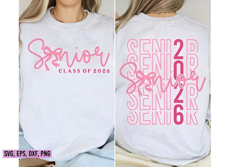 K&ouml;nnte beinhalten: Ein hellgraues Sweatshirt mit dem Wort "Senior" in rosa Schrift, einer rosa Schleife und "Class of 2026" auf der Vorderseite. Auf der R&uuml;ckseite steht das Wort "Senior" in Rosa wiederholt, mit den Zahlen "2026".