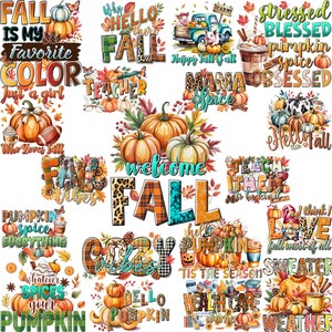 May include: A collection of fall-themed digital designs featuring pumpkins, leaves, and autumn-related phrases. Designs include "Fall is my favorite color", "Welcome Fall", and "Pumpkin Spice Everything". The color palette includes orange, brown, and green.