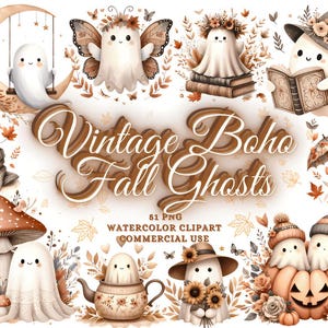 May include: A watercolour clipart set of whimsical ghosts in a vintage boho fall theme. The image includes ghosts with butterfly wings, reading books, and wearing hats, surrounded by autumn leaves and flowers. Text reads "Vintage Boho Fall Ghosts".