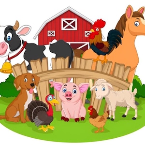 Puede incluir: Ilustración de dibujos animados de animales de granja, incluyendo una vaca, un caballo, un gallo, un perro, un cerdo, un pavo, una oveja y una gallina. Un granero rojo en el fondo, sobre una zona de hierba verde.
