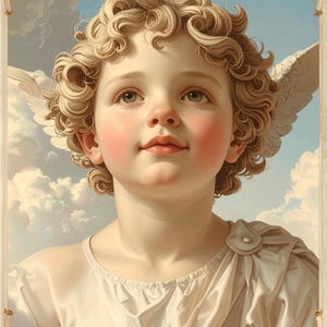May include: A portrait of a cherubic child with curly blonde hair, rosy cheeks, and a serene expression. The child wears a white draped garment and has feathered wings. The background features a blue sky with fluffy white clouds, framed by a decorative border.