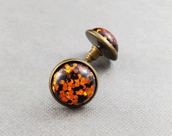 Orange and Black Stud Earrings, Glitter Earrings, Halloween Earrings, Autumn Jewelry, Glitter Earrings Bronze Stud Earrings