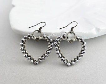 Beaded Hoop Heart Earrings, Teenager Tween Gift, Unique Handmade Jewelry