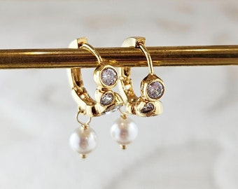 Gold Huggie Hoop Earrings, Everyday Pearl Miniamilist Jewelry, Gift for Her