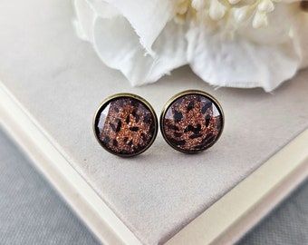 Leopard Print Bronze Stud Earrings, Cheetah Print Post Jewelry, Gift for Cat Mom