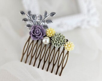 Purple & Yellow Floral Hair Comb, Bridal Wedding Hairpiece, Gift for Bridesmaid