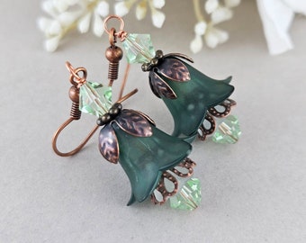 Green Lucite Floral Earrings, Emerald Bell Flower Dangle Earrings, Pixie Woodland Jewelry, Gift for Her