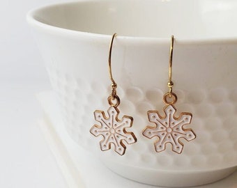 Snowflake Gold Charm Earrings, Holiday Winter Jewelry, Gift for Her