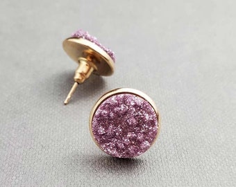 Purple Druzy Stud Earrings, Sparkly Geode Resin Jewelry, Gift for Her