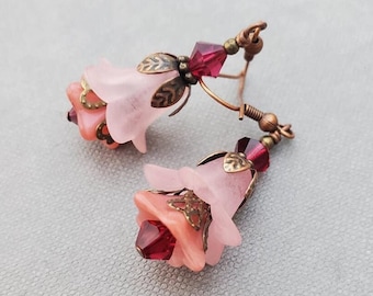Pink Floral Dangle Earrings: Lucite Flowers, Burgundy Crystals