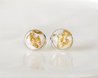 Gold Flake Resin Stud Earrings, Hypoallergenic Stainless Steel Posts, Classic Everyday Jewelry, Gift for Her