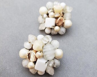 Vintage White Cluster Pearl Earrings, Gold Earrings, Clip On Earrings, Bride To Be, Statement Jewelry, Bridal Wedding Jewellery, Non Pierced