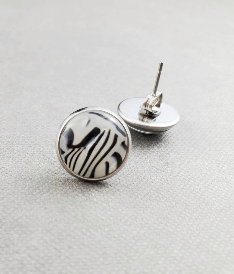 Zebra Print Stud Earrings, Hypoallergenic Stainless Steel Posts, Jewelry for Sensitive Ears, Gift for Teen Girl image 3