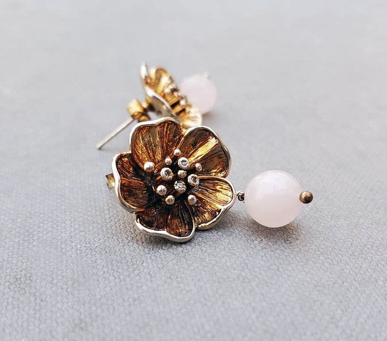 Rose Quartz Floral Stud Earrings, Gold Wedding Bridal Jewelry, Large Statement Earrings, Gift for Her image 1