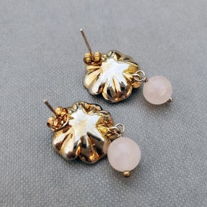 Rose Quartz Floral Stud Earrings, Gold Wedding Bridal Jewelry, Large Statement Earrings, Gift for Her image 6