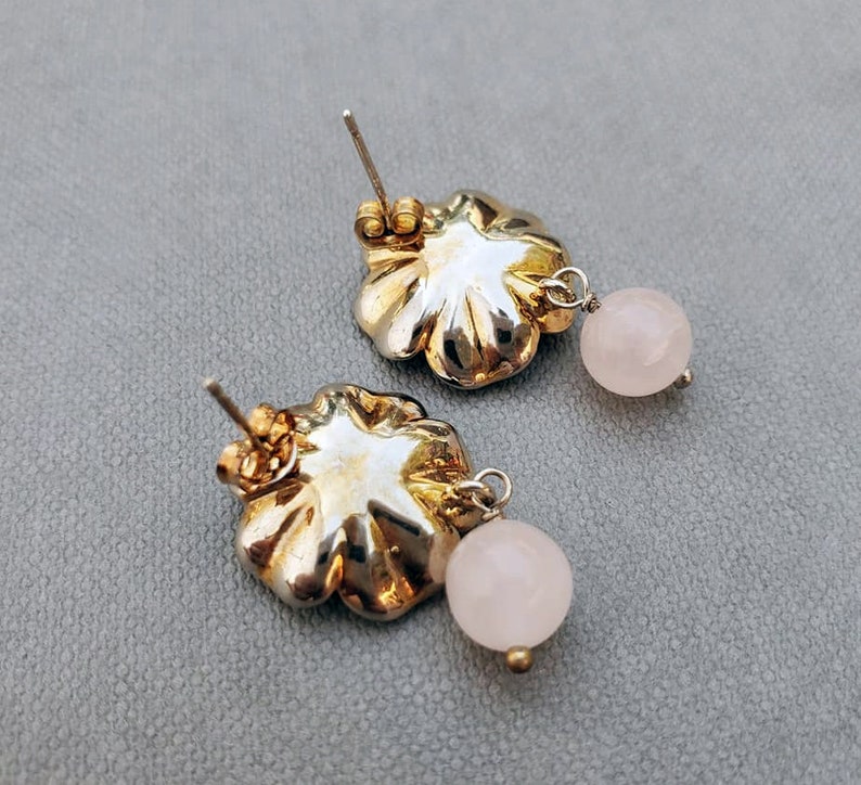 Rose Quartz Floral Stud Earrings, Gold Wedding Bridal Jewelry, Large Statement Earrings, Gift for Her image 6