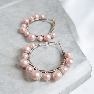 Pink Pearl Beaded Hoop Earrings: Boho Bridesmaid Jewelry