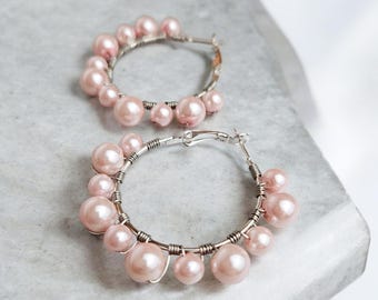 Pink Pearl Hoop Earrings: Beaded Silver Hoops, Blush Pink Jewelry