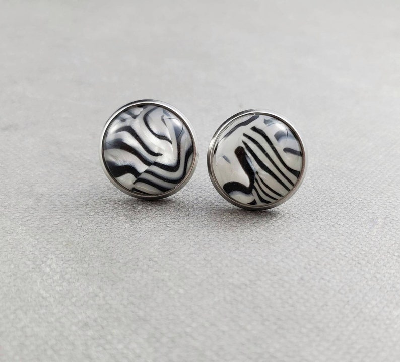 Zebra Print Stud Earrings, Hypoallergenic Stainless Steel Posts, Jewelry for Sensitive Ears, Gift for Teen Girl image 2