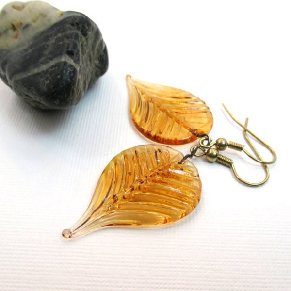 Glass Leaf Earrings, Leaf Earrings, Long Drop Earrings, Leaf Jewelry, Amber Earrings, Drop Earrings, Long Dangle Earrings, AUTUMN SLUMBER