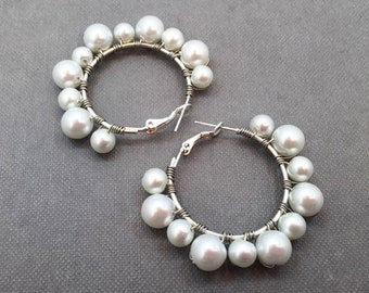 Classic White Pearl Hoop Earrings, Boho Bohemian Jewelry, Gift for Her