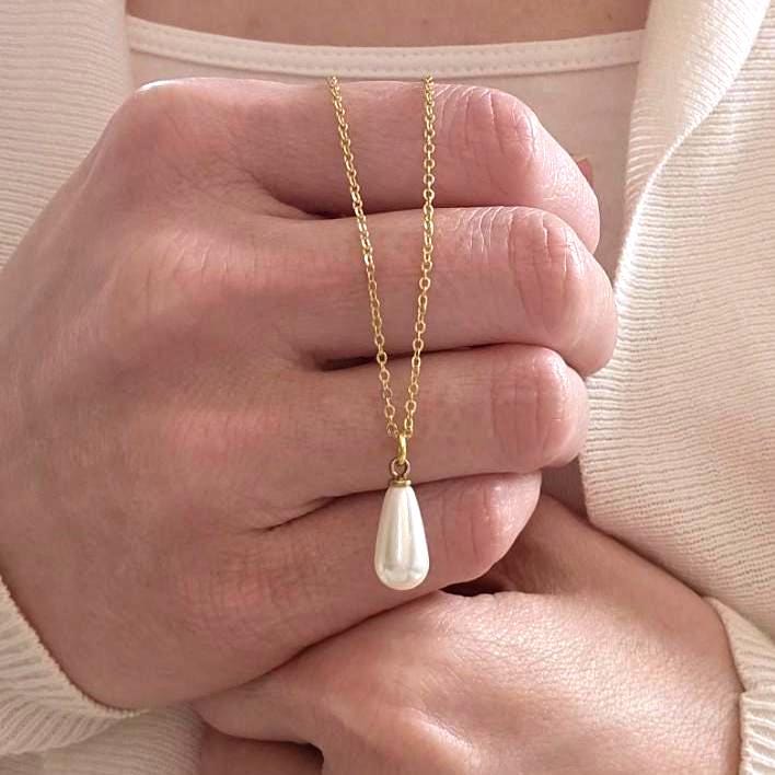 Dainty Pearl Drop Necklace: Teardrop Pendant On Gold Chain