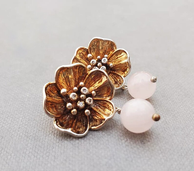 Rose Quartz Floral Stud Earrings, Gold Wedding Bridal Jewelry, Large Statement Earrings, Gift for Her image 3