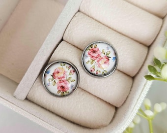 Floral Rose Stud Earrings: Glass Dome, Cottagecore Jewelry