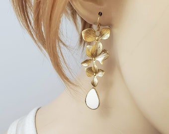 Long Gold Floral Orchid Earrings, Cascading Bridal Jewelry, Nickel Free Jewelry, Handmade by MichelleAnnJewelry