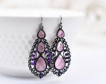 Long Purple Chandelier Earrings, Handmade Statement Jewelry, Unique Gift for Her