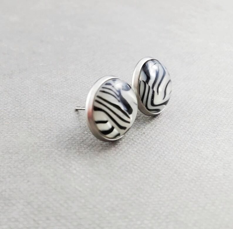 Zebra Print Stud Earrings, Hypoallergenic Stainless Steel Posts, Jewelry for Sensitive Ears, Gift for Teen Girl image 4