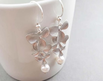 Long Sterling Silver Earrings, Floral Earrings, Pearl Earrings, Long Orchid Earrings, Gift for Wife, Jewelry for Bride, Wedding Jewelry