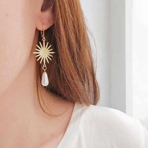 Gold Sunburst Pearl Drop Earrings: Boho Bridal Dangle Jewelry