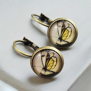 Yellow Butterfly Dangle Earrings, Antique Bronze Jewelry for Women, Unique Gift for Teenage Girl, Lever Back Earrings