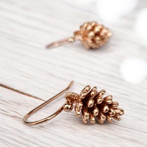 Rose Gold Pinecone Earrings: Dainty Woodland Nature Jewelry
