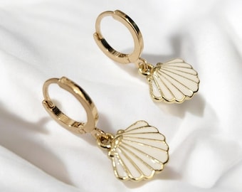 Gold Seashell Huggie Hoop Earrings: Coastal Charm Summer Jewelry