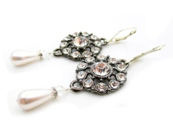 Crystal Chandelier Pearl Earrings, Vintage Style Bridal Wedding Jewelry, Gift for Bride