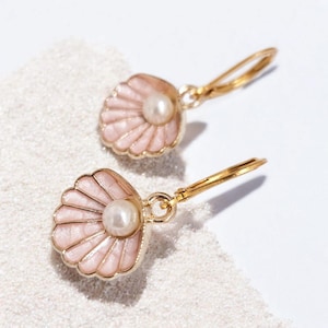 Pink Clam Shell Dangle Earrings: Gold Enamel, Faux Pearl