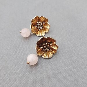 Rose Quartz Floral Stud Earrings, Gold Wedding Bridal Jewelry, Large Statement Earrings, Gift for Her image 4